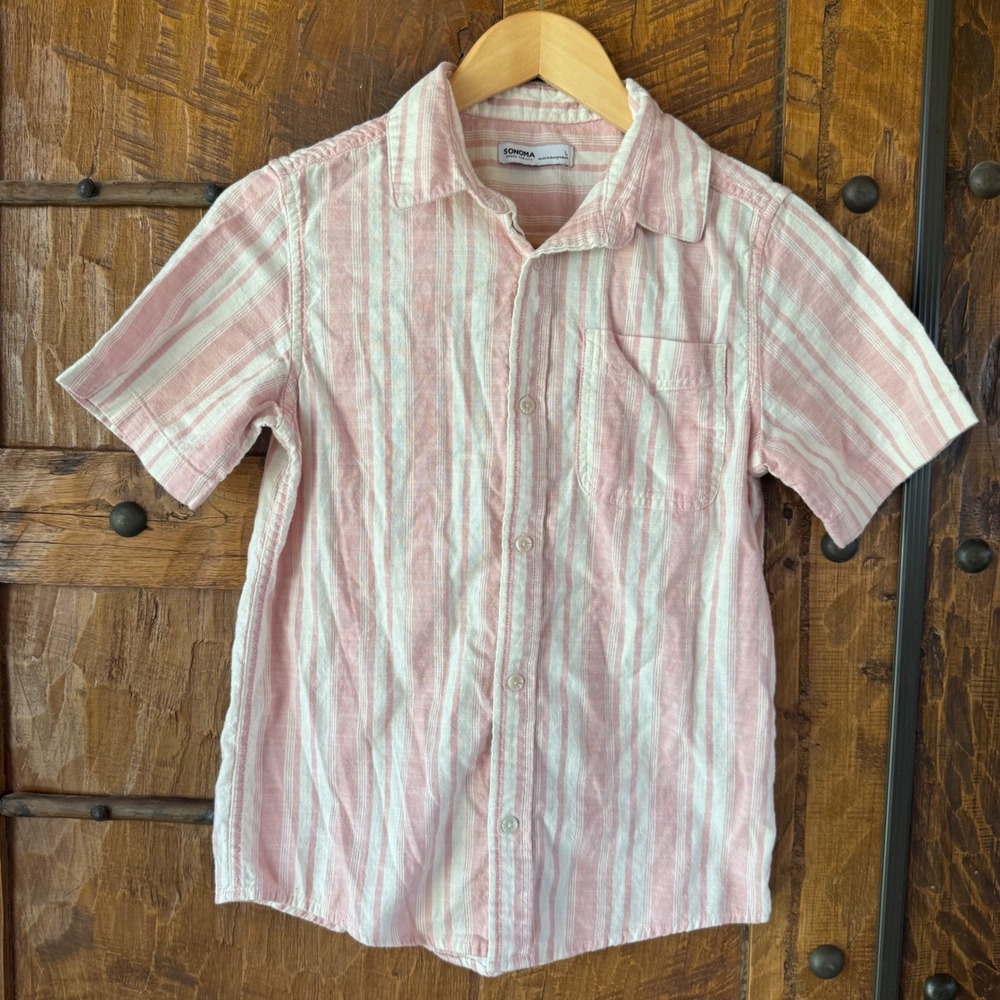 Sonoma Button Down Shirt Women L Pink Stripe Short Sleeve Pocket Casual Summer